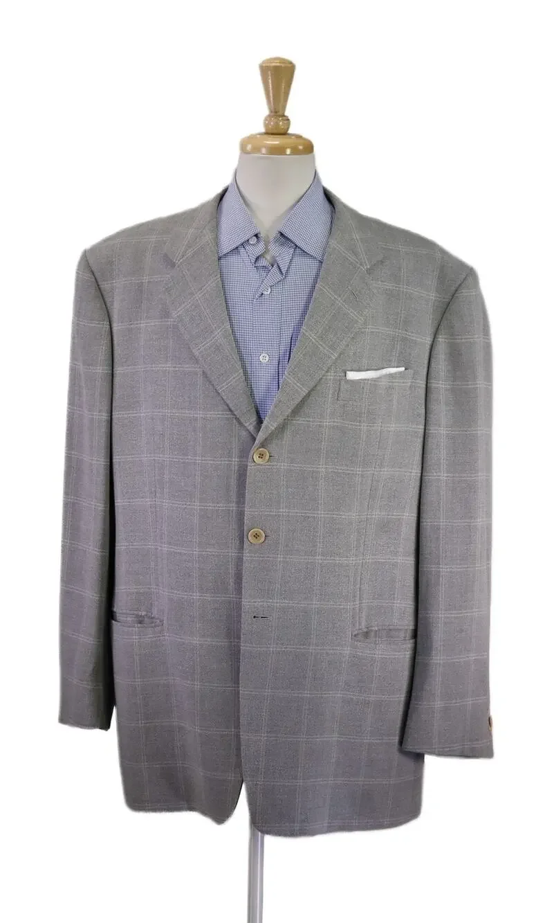 Armani Collezioni Gray Knit Windowpane Wool Silk 3-Btn Sportcoat Blazer 44R